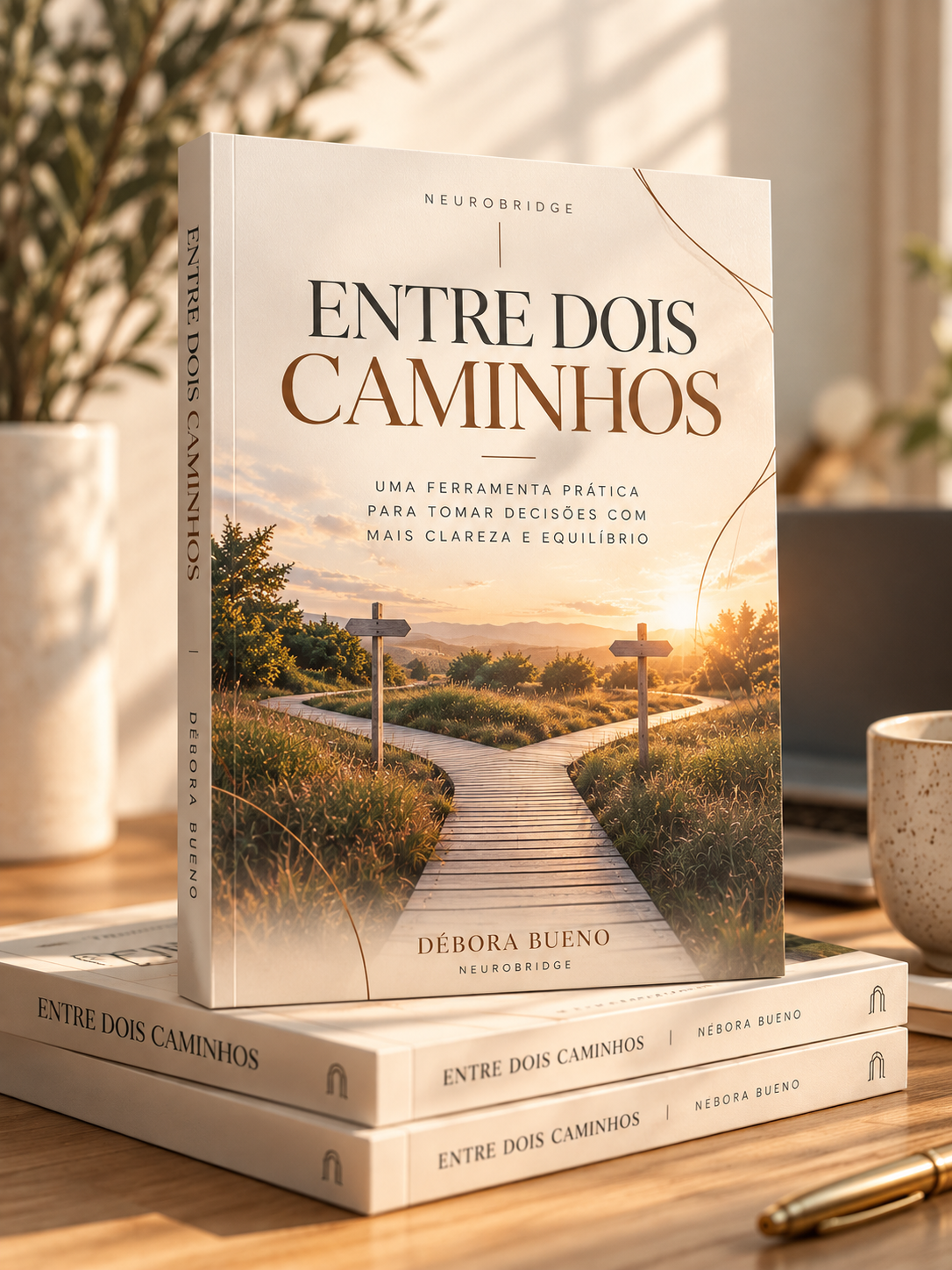 Livro Entre Dois Caminhos, de Débora Bueno, sobre uma mesa de madeira